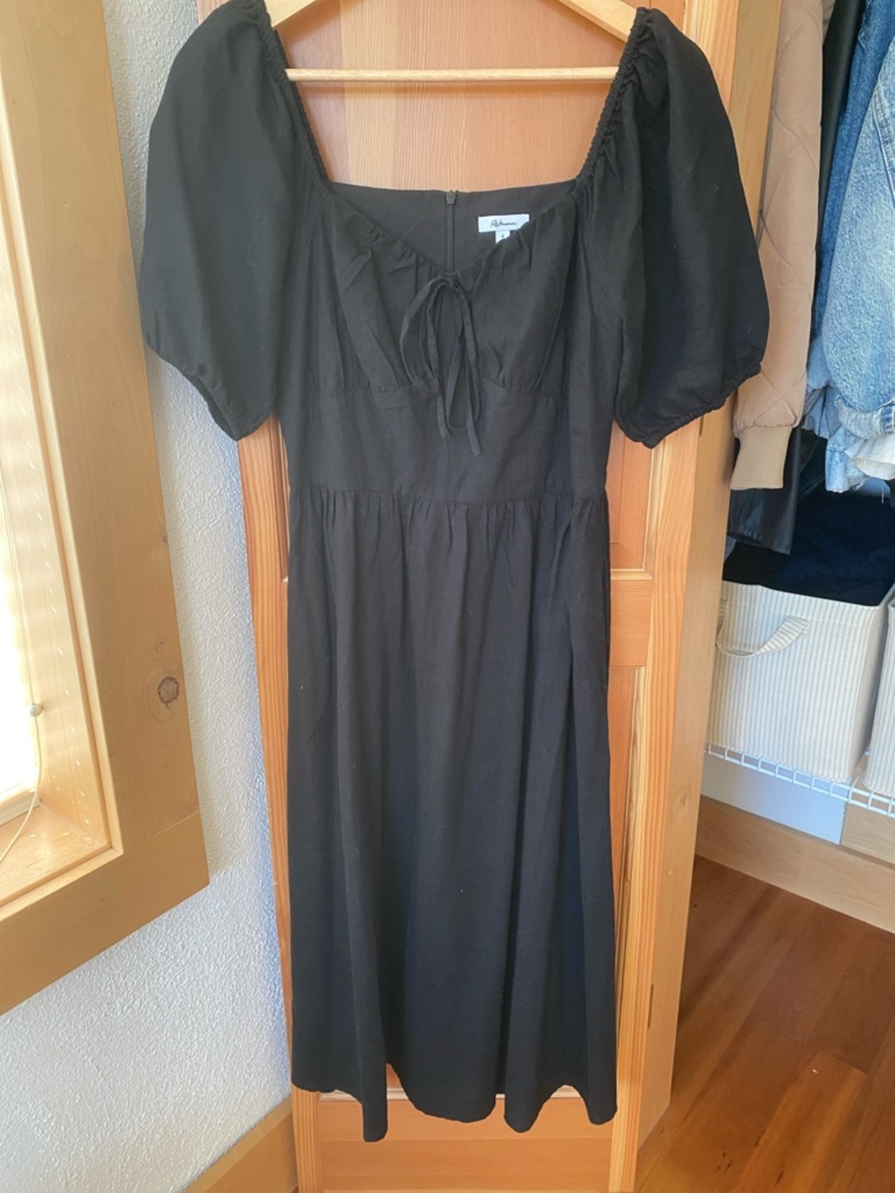 Black Puff-Sleeve Tie-Front Midi Dress